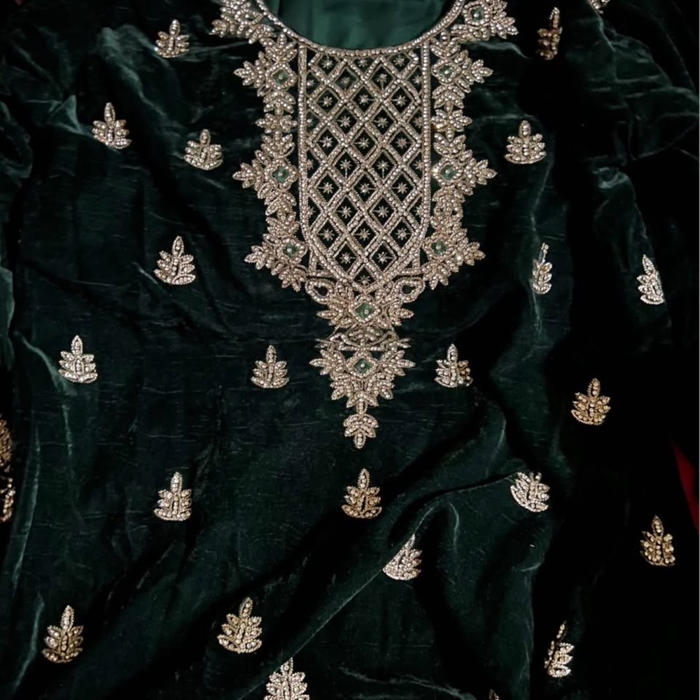 Embroidered Green Velvet 3 piece Dress